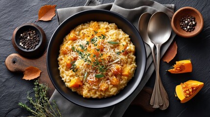 Fall & Autumn : Warm rice dish in a bowl with garnishes on a textured surface.