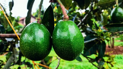Two fresh green avocados hanging from a tree, with a blurry background. Perfect for illustrations on gardening, farming, health, and natural lifestyle themes.