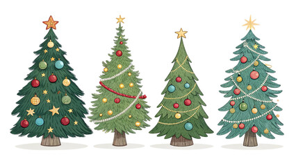 Four decorated christmas trees isolated on transparent background