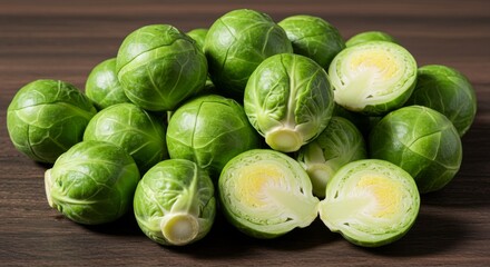 Fresh Green Brussels Sprouts on Dark Wood Background