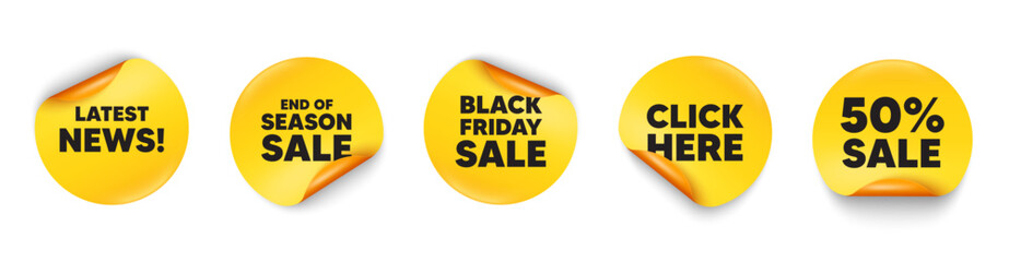 Latest news sticker tag. 50 percent discount, Black friday paper price banners. Latest news tag. Media newspaper sign. Daily information symbol. Click here sticker. Vector