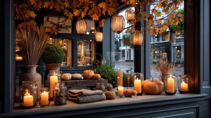 Fall & Autumn : Autumn-themed window display with pumpkins and candles.