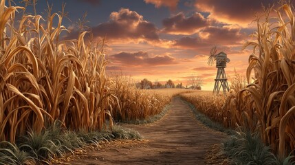 Fall & Autumn : Path through tall cornfields under a dramatic sunset sky.
