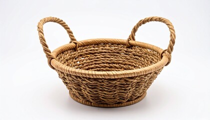 Round woven basket with looped handles made from thick natural fibers on a white background