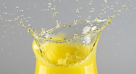 Yellow Liquid Splashing in Glass, Closeup Studio Shot