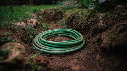 A green garden hose placed in a dug-out area, suggesting outdoor watering or gardening work in progress.
