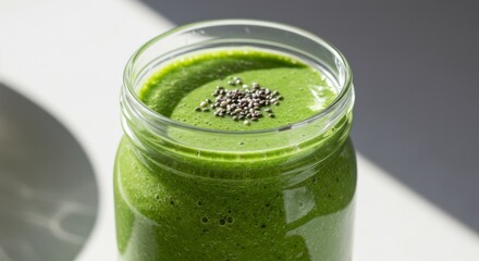Green Smoothie with Chia Seeds in a Mason Jar