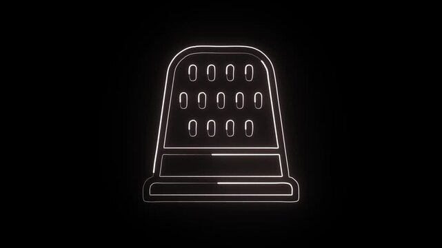 Glowing neon line thimble animated icon with stitch animation. Thimble craft animation HD video isolated on black background