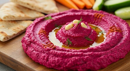 Vibrant Beetroot Hummus with Pita Bread and Vegetables