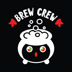 Whimsical Brew Crew Cauldron Cartoon with Bubbles, Ribbons, and Playful Eyes on Black