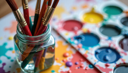 Art class school paints, brushes in glass jar with watercolor palette for students. Bright art class school provides artistic environment with acrylic paints and supplies,