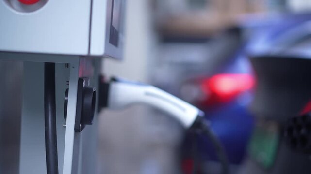Close-up of electric vehicle charging plug connected to a charging station