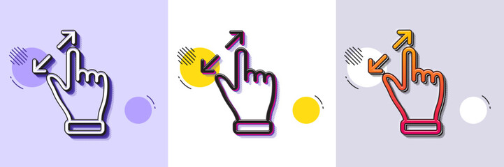 Touchscreen gesture line icon. Halftone dotted pattern. Gradient icon with grain shadow. Zoom in sign. Action arrows symbol. Line touchscreen gesture icon. Various designs. Vector