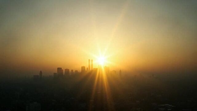 Beautiful sun ray over downtown during hazy sunrise