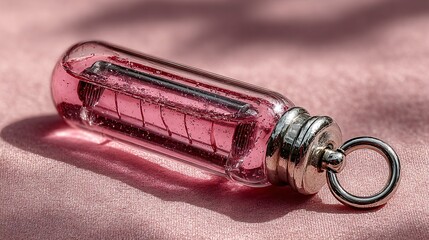 A vintage pink neon gas discharge tube with a visible filament and electrical connection, resting on a textured pink fabric surface, highlighting its unique design and aesthetic appeal