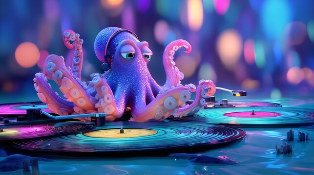 Groovy Octopus DJ Spinning Vinyl Records in a Surreal Aquatic Neon Nightclub Scene