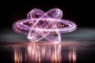 Abstract glowing purple atom model with orbiting electrons and light trails on a reflective surface, representing science, technology, and energy
