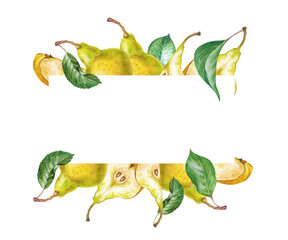 A rectangular frame made of hand-drawn whole ones, slices of ripe pears and green leaves. Watercolor illustration on a white background. A botanical fruit template with an empty place to insert.