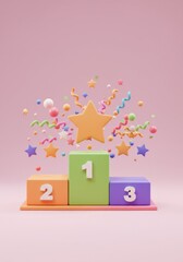 Pastel Colorful 3D Render of a Winner Podium with Gold Star and Confetti
