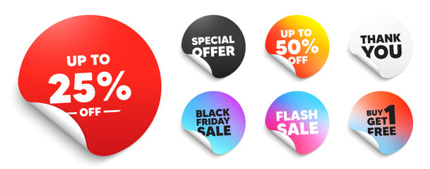 Discount tag red sticker tag. Special offer paper price tags. Up to 25 percent off sale. Discount offer price sign. Special offer symbol. Save 25 percentages. Discount, black friday sticker. Vector