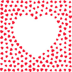 Creative heart-shaped frame made of many small red hearts on white. Great for greeting cards, invitations, and love messages. Bright and minimal vector desi