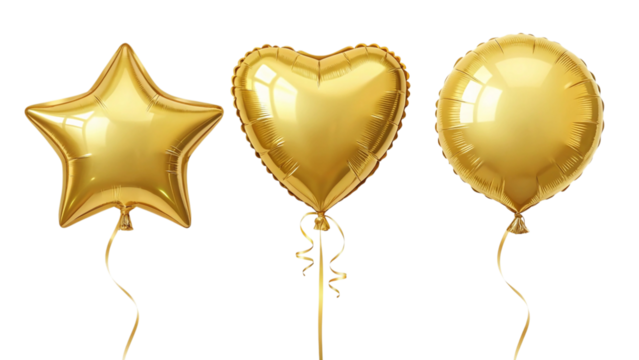 Three golden balloons in star heart and oval shapes isolated on transparent background - Powered by Adobe