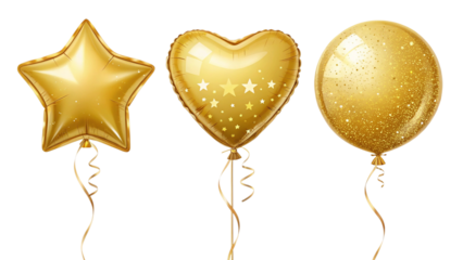 Three golden balloons in star heart and oval shapes isolated on transparent background
