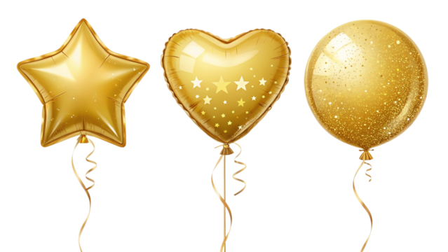 Three golden balloons in star heart and oval shapes isolated on transparent background