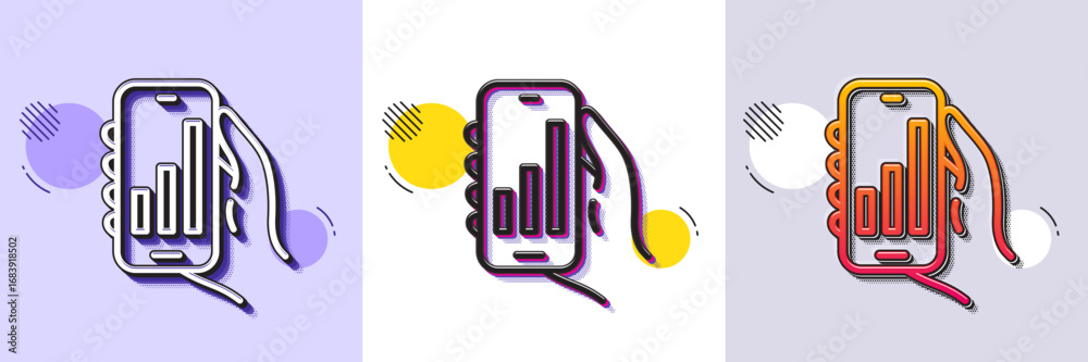 Wall mural analysis app line icon. halftone dotted pattern. gradient icon with grain shadow. hand hold phone si