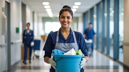Confident Janitor Smiles, Holding Cleaning Supplies in Hospital Corridor