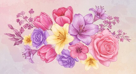 Pastel Watercolor Floral Bouquet of Roses Tulips Lilies