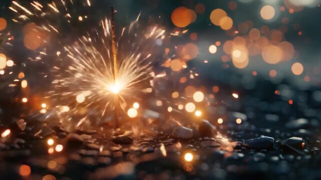 A sparkler lit up in the dark, creating a bright and warm glow