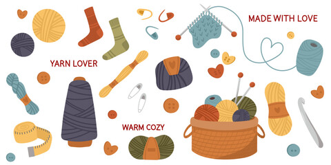 Knitting and yarn themed illustration set with cozy wool balls, needles, warm quotes and cute accessories. Handmade hobby concept. Flat vector elements isolated on white