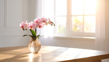 Fototapeta na wymiar Pink orchids in a vase by a sunny window (1)