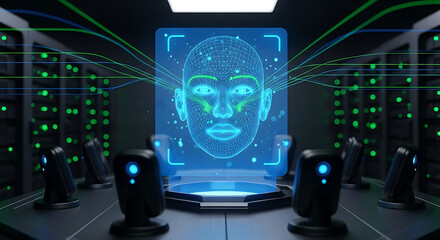 Facial recognition system with digital face scan in a server room for security purposes and identity ai generated