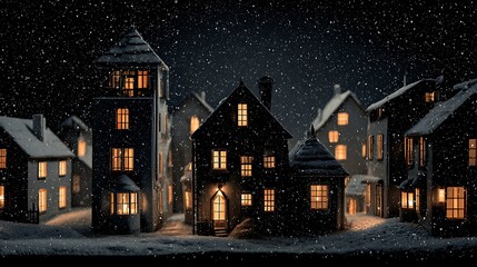 Fototapeta premium Cozy european village street at night with falling snow and warm glowing windows