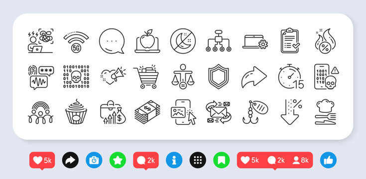 Difficult stress, Food and Fishing lure line icons pack. Social media: share, comment, like icons. Shopping cart, Pasta, Phone image web icon. Love message, 5g wifi, Cyber attack pictogram. Vector