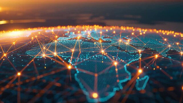 A world map with glowing lines highlighting global connections and relationships