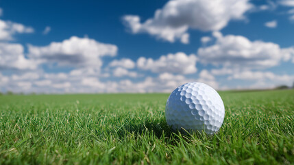 Obraz premium A white golf ball sits on fresh green grass beneath a bright blue sky, creating a clean, sporty, outdoor scene full of energy.