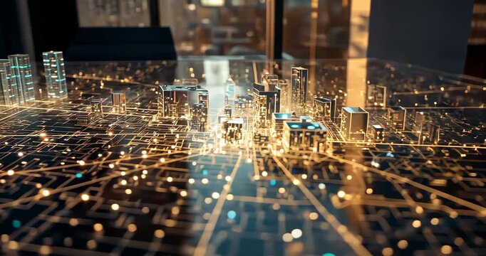 As power pulses flowing in glowing grid with nodes, holographic city model rising in control room