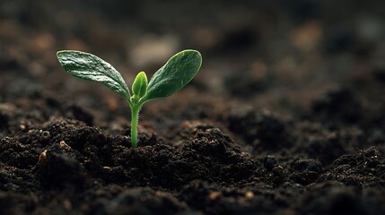 Tiny green seedling emerging from rich dark soil with dew drops