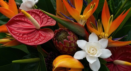 Vibrant Tropical Flower Arrangement with Red Anthurium and Bird of Paradise