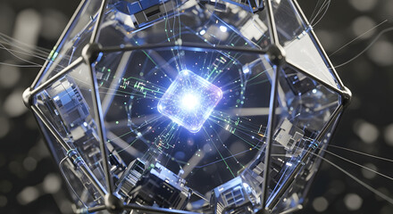 Abstract macro shot of a single qubit, glowing intensely within a complex, crystalline structure, like a tiny star in a circuit universe _1