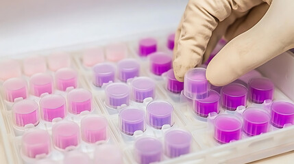 Scientist handling vials in a laboratory tray