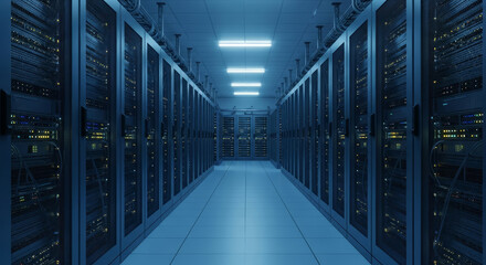 A long hallway filled with server racks in a data center with blue lighting and a tiled floor design