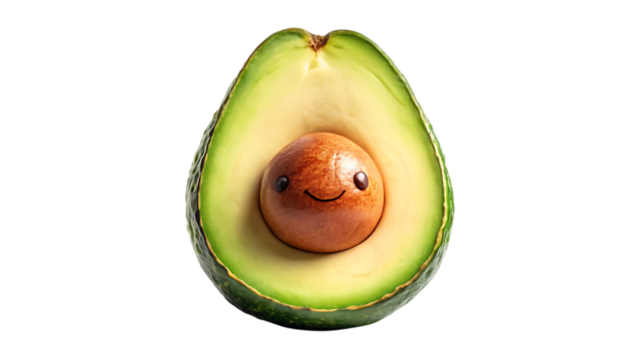 Cute Doodle Avocado with Smiling Face and Happy Pit – Fun Cartoon Character, Isolated on White Background, AI Generated