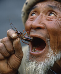 An Asian man is about to taste an insect, demonstrating a unique cultural culinary experience.