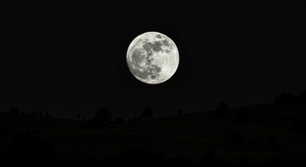 Full Moon Over Silhouetted Hills at Night