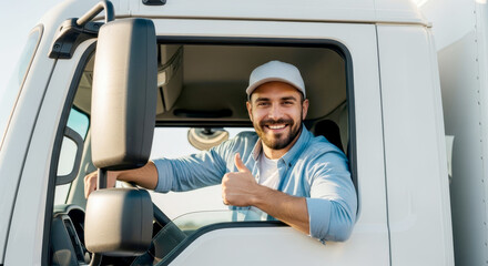 Obraz premium Confident truck driver giving thumbs up from cab, ready for the road ahead with a smile.