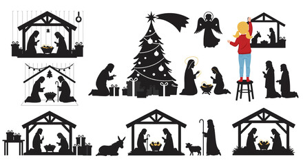 Silhouette christmas nativity scenes with christmas tree angel girl and gifts on a white background © shreebas2022